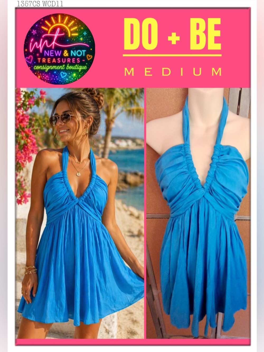 DO+BE Blue Halter Mini Dress Ruched Bust Smocked Back Flowy Pleated Summer MED.